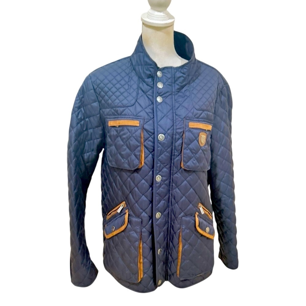 Piel de Toro Sevilla Quilted Utility barn Jacket Navy & Tan leather trim size xl